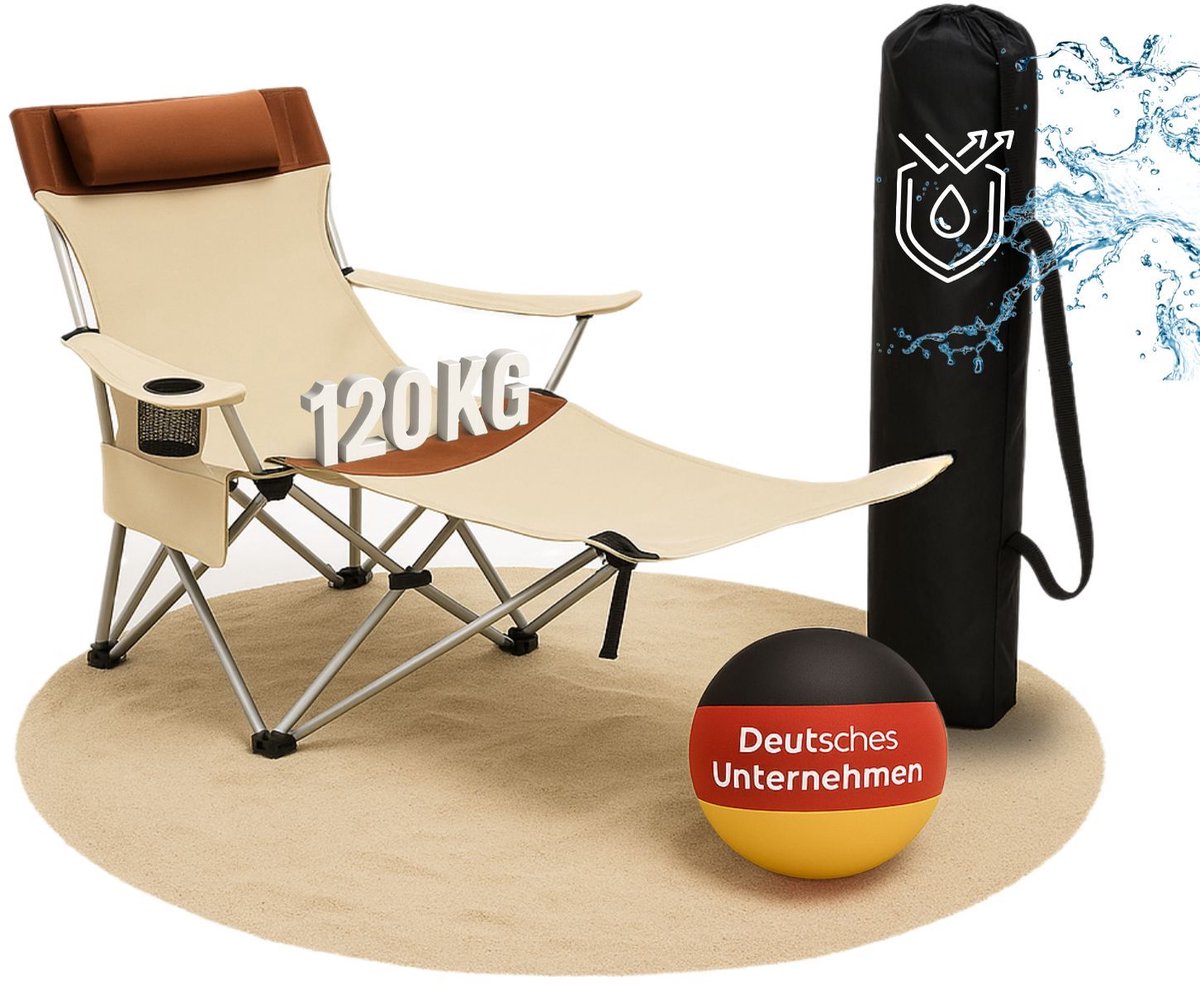 Coemo ligstoel draagbare campingstoel, inklapbaar, bekerhouder, tas, max 120 kg - Beige