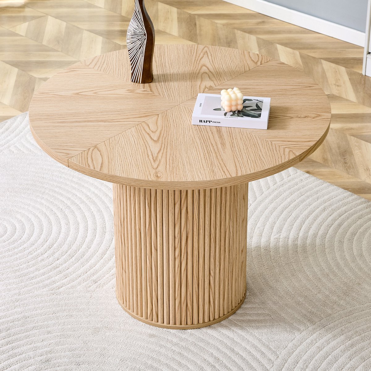 STILVORA Eettafel Rond 100 Cm - Vierdelig Blad Met Opbergruimte In Poot - Voor Keuken En Eethoek - MDF Met Metaal - Natuurlijk Hout