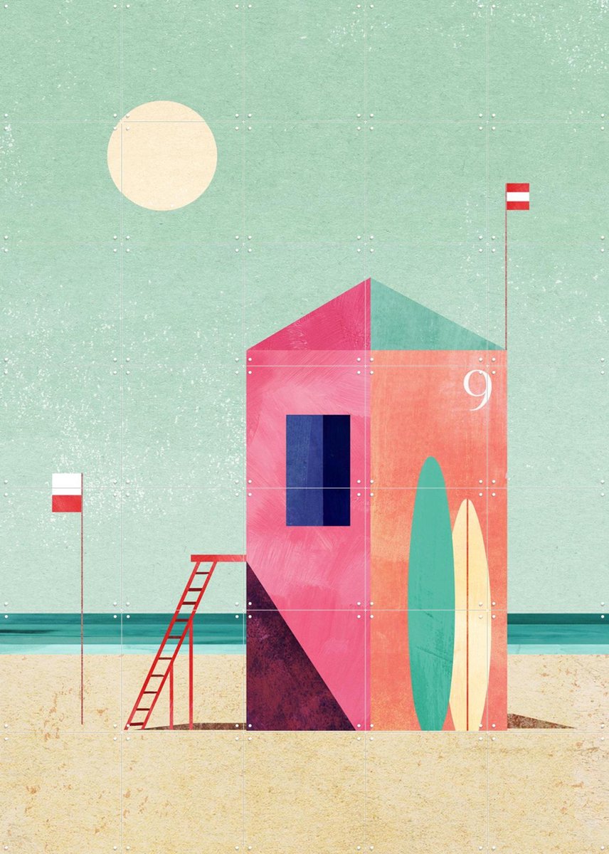 IXXI Surf Hut, Henry Rivers - 100 x 140 cm - Gratis ophangtool - Grote wanddecoratie en posters - Illustraties, Kleurrijk, Natuur