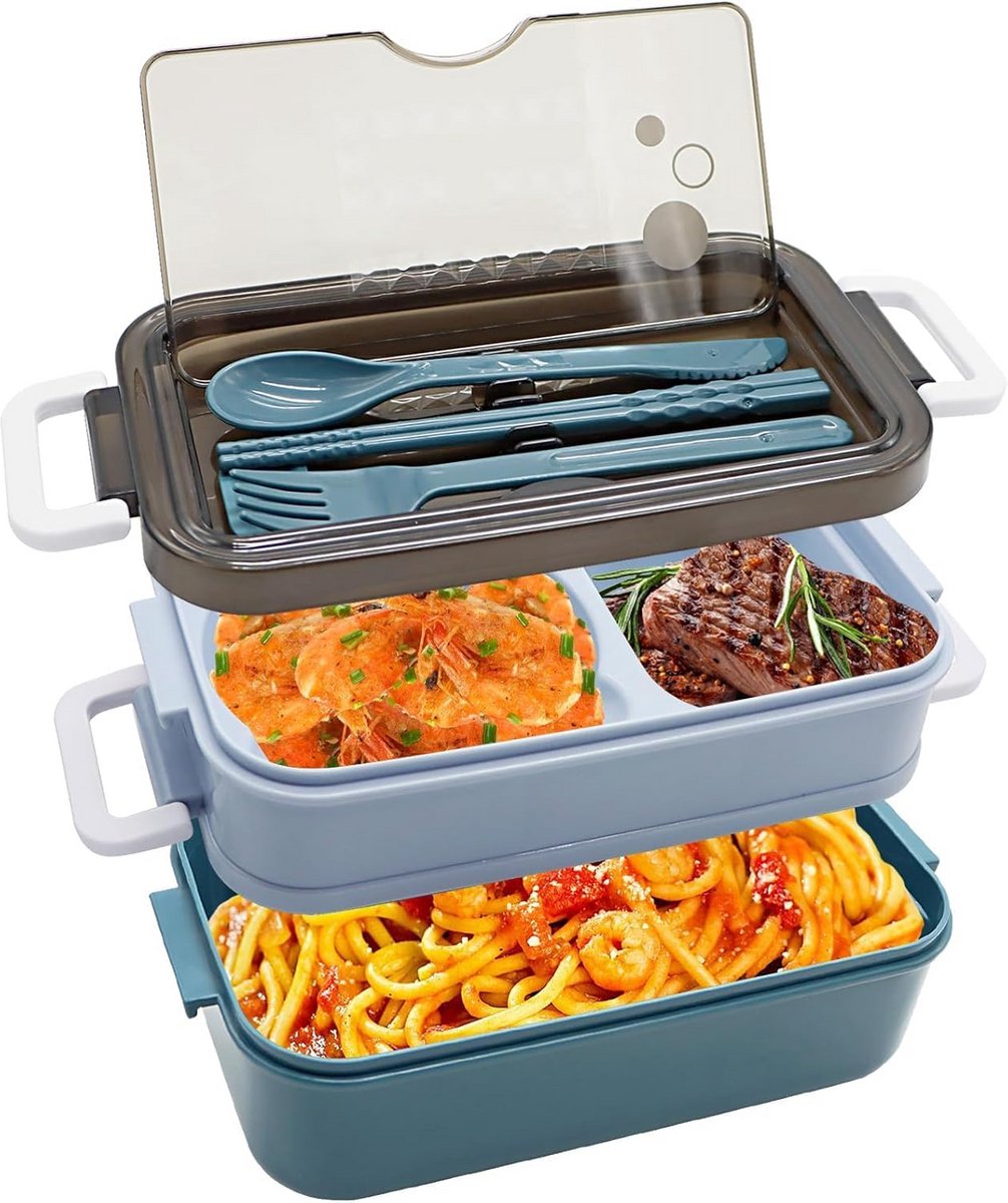 Grote Stapelbare Bento Lunchbox met 4 Compartimenten en Bestek voor School en Werk