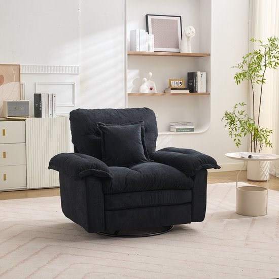 Wishdor Oversized Loungefauteuil (360° Draaibaar) - Luxe Relaxstoel met Pocketvering & Kussen - Chenille - Zwart
