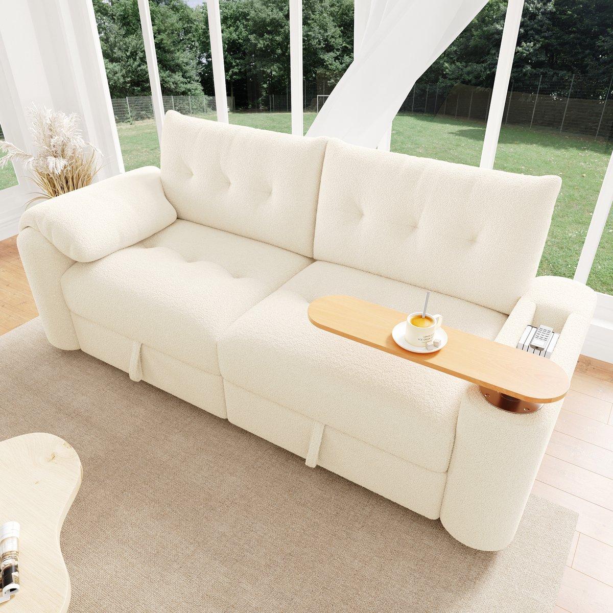 Wishdor - Modulaire Bank - Met Opbergruimte En Draaibare Bijzettafel - Met Hoofdsteun - Teddystof - Beige - 207,5 X 80 X 87 Cm