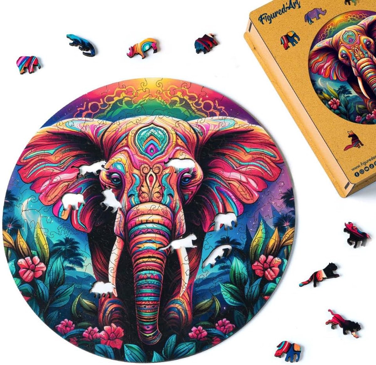 Houten Puzzel - Legpuzzel Volwassenen - Ontspanning en Decoratie - Origineel Ontwerp - 28.5 x 28.5 cm - Olifant Tribal