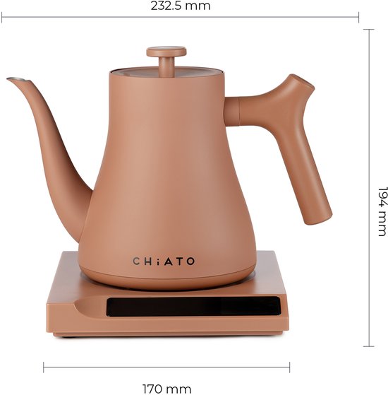 Afmetingen van de terracotta waterkoker: 232,5 mm hoogte, 194 mm breedte, 170 mm diepte. Met deksel en basis.