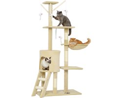 Krabpaal met hol, 4 speeltjes, sisalstammen, groot platform, trap, voor katten onder 5 kg, beige