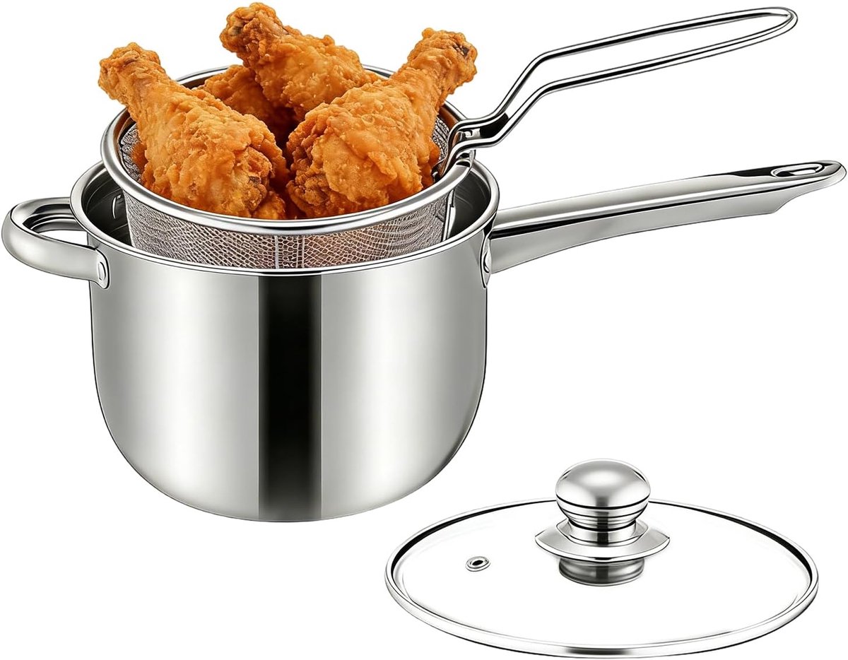 Friteuse met mand - Kookpan RVS - Thuis frituren - Draagbaar buiten gebruik - 15 x 20 x 15 cm
