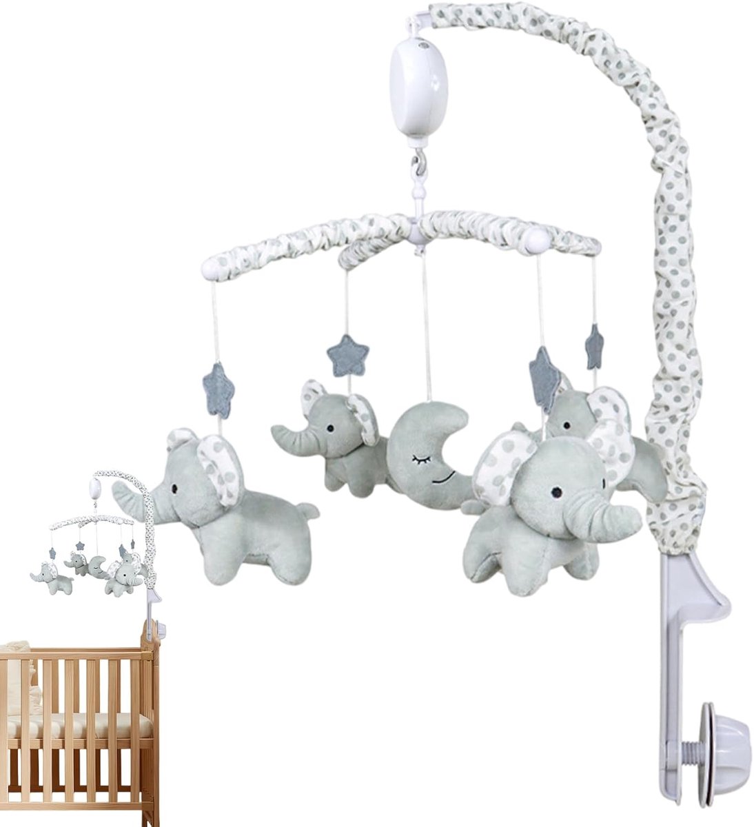 Baby Mobiel - Muziekmobiel Wieg - Babykamer Decoratie - Zachte Pluche Dieren - 73cm Lang - Grijs