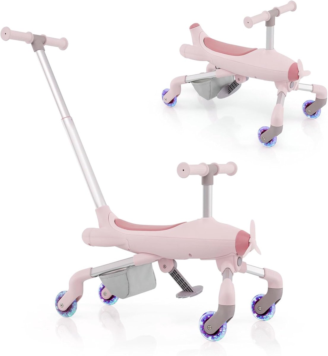 2-in-1 Loopauto - Glijauto Driewieler - Kind Ontwikkeling - Verstelbare Duwgreep - 83 x 34 x 73 cm - Roze