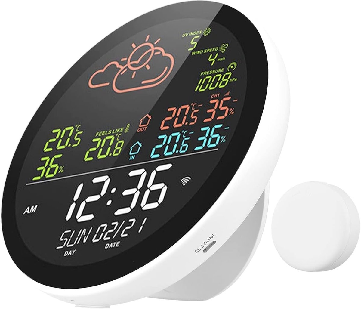 Digitaal Weerstation - Binnen Buiten Monitor - Weersvoorspelling Thuis - Groot Kleuren Display - Draadloze Sensor - Wit