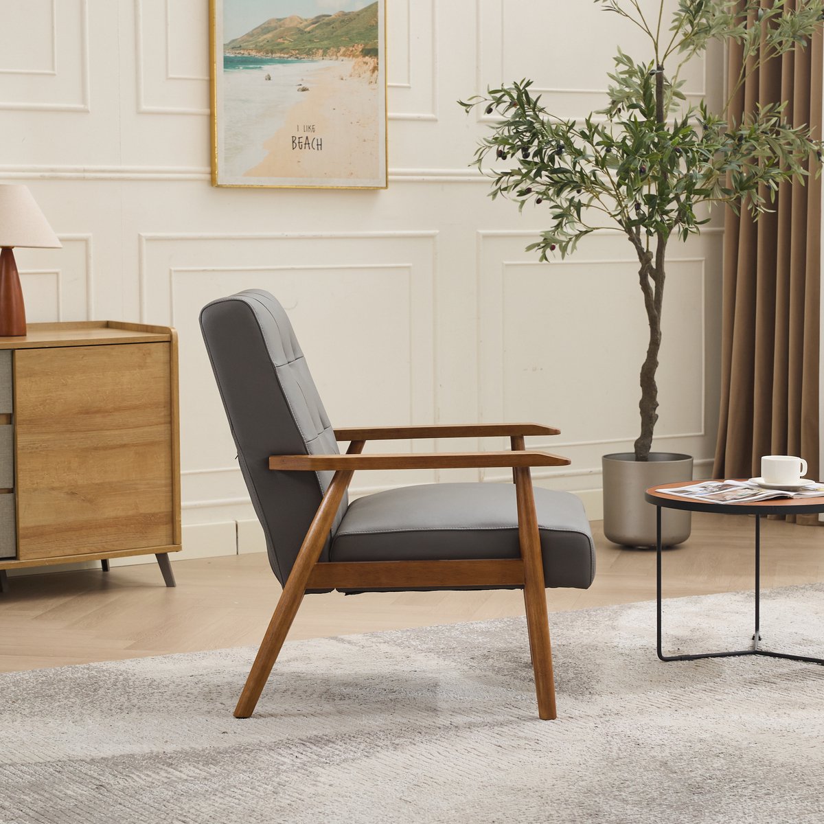 MODFU Loungestoel - Ademend Runderleer En Massief Rubberhout - Scandinavisch - Voor Woonkamer - Grijs