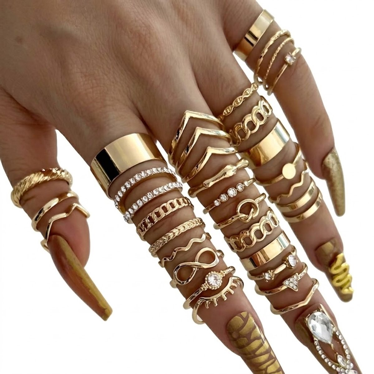 Goudkleurige ringen set dames met strass en geometrische vormen 30 stuks minimalistisch design voor vinger en midi ringen
