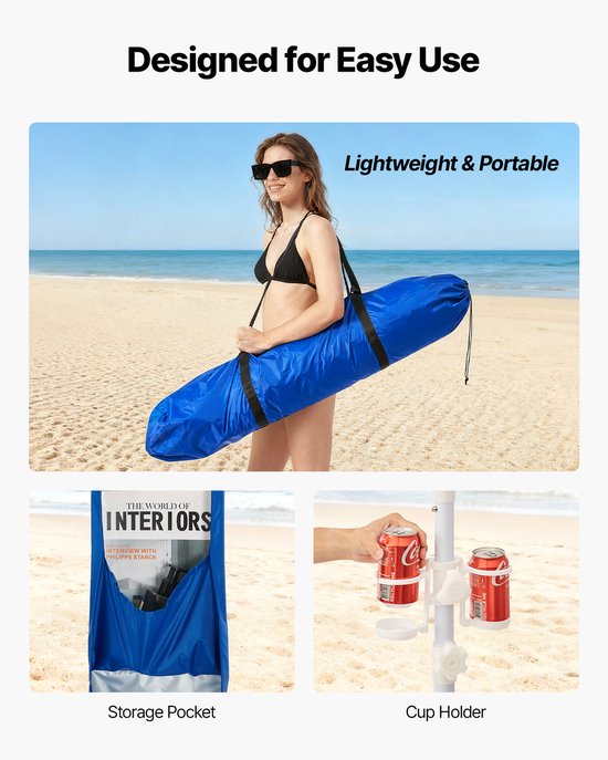 VEVOR Strandcabana, 2,4 X 2,4 M Strandtent met Zijwanden, UPF 50+ Zonbescherming, Strandpaviljoen met Zandzakken, in Hoogte Verstelbaar en Draagbaar Zonnescherm voor Familie en Vrienden, Blauw — afbeelding 4