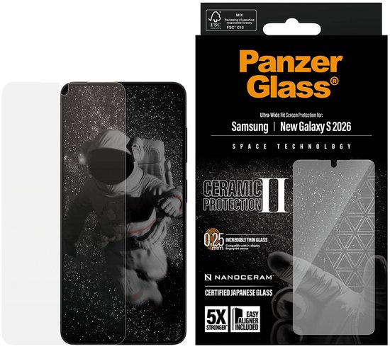 Verpakking voor PanzerGlass Ceramic Protection II screenprotector voor Samsung Galaxy S2026. Toont astronaut en gedetailleerde glas patronen.