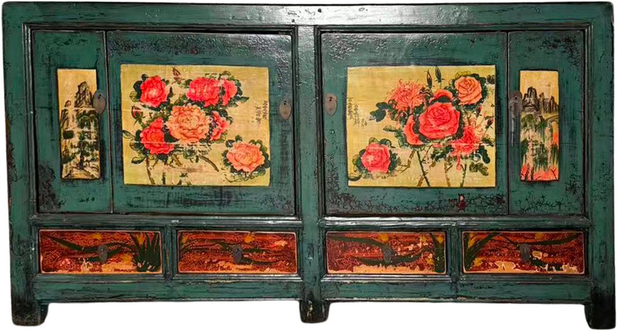 Fine Asianliving Antieke Chinese Dressoir Handgeschilderd Pioenrozen B171xD40xH87cm Chinese Meubels Oosterse Kast Groen, Blauw, Multicolour, Teal