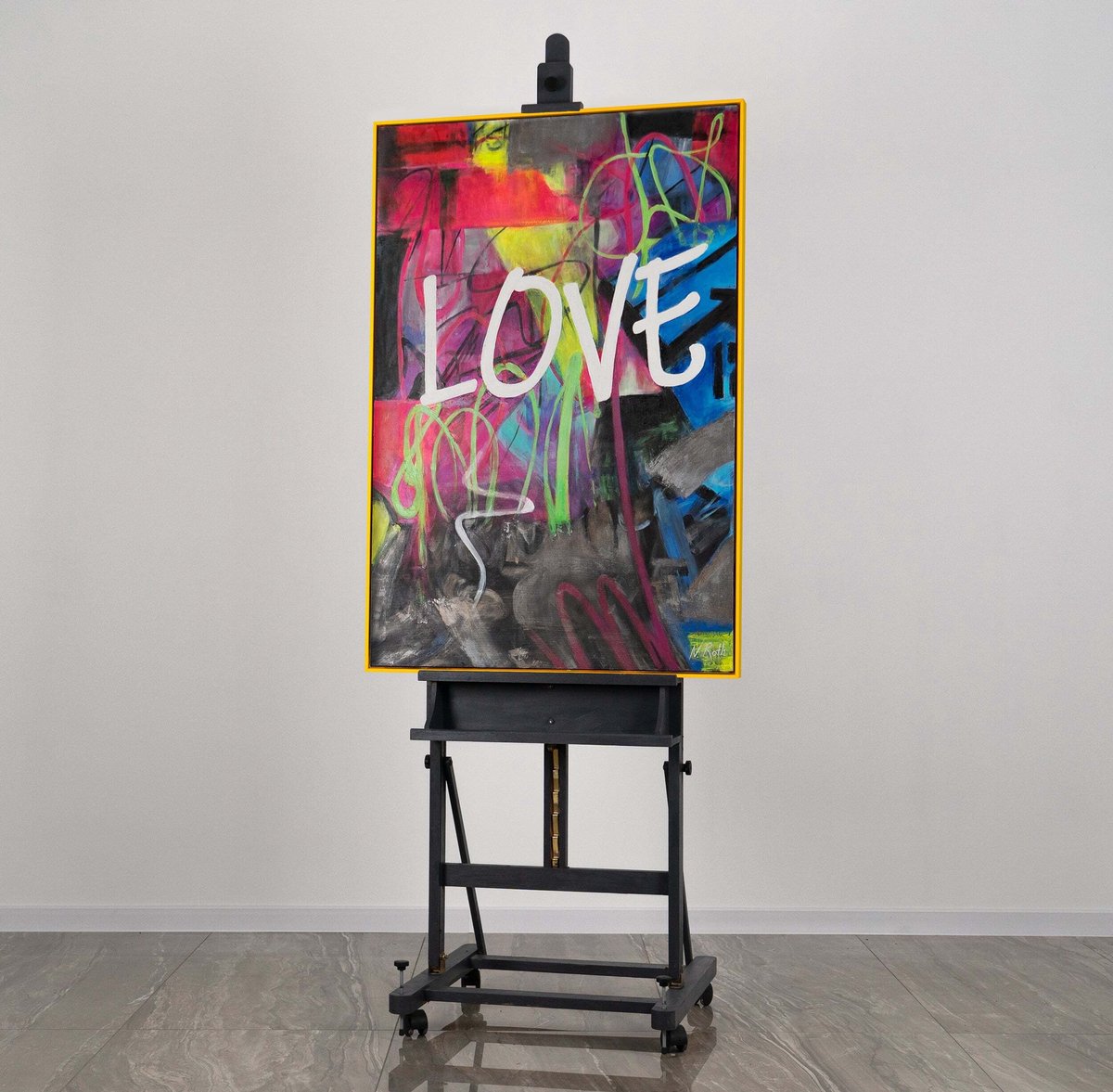 YS Canvas schilderij 120x80 cm handgeschilderd Love liefde romantisch – YS-Art Gallery – Romantische wanddecoratie voor woonkamer – Modern schilderij voor slaapkamer Yellow