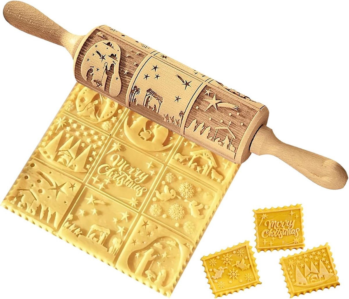 Houten Deegroller - Bakaccessoire - Koekjes Bakken - 3D Gegraveerd - 35cm Lengte