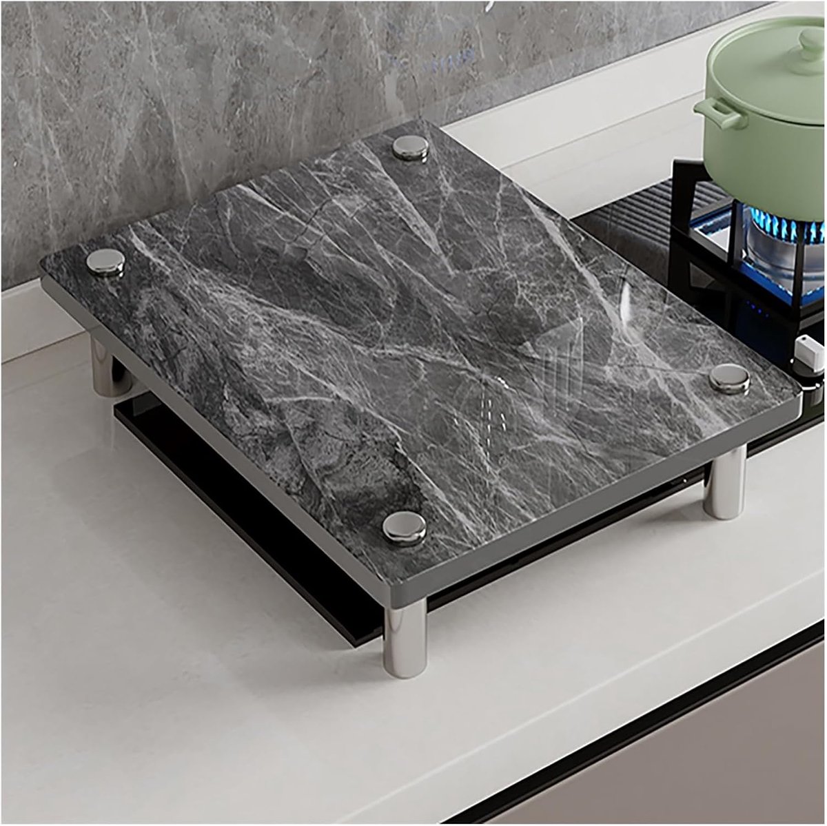 Afdekplaat Gasfornuis Aanrecht Beschermer Keuken Organiseren Marmerlook Met Staal 48x50x8.3cm Wit Grijs