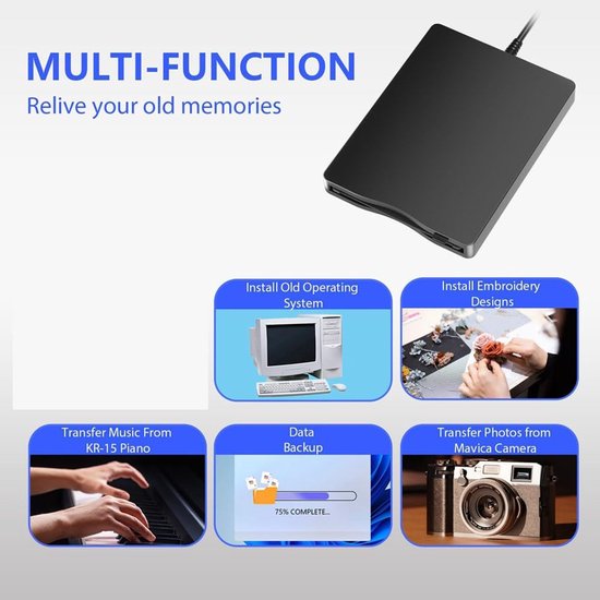 Externe Floppy Drive - 3.5 Inch Lezer - Oude Data Lezen - USB Type-C Connectie - 19x17x4 cm - Zwart — afbeelding 3