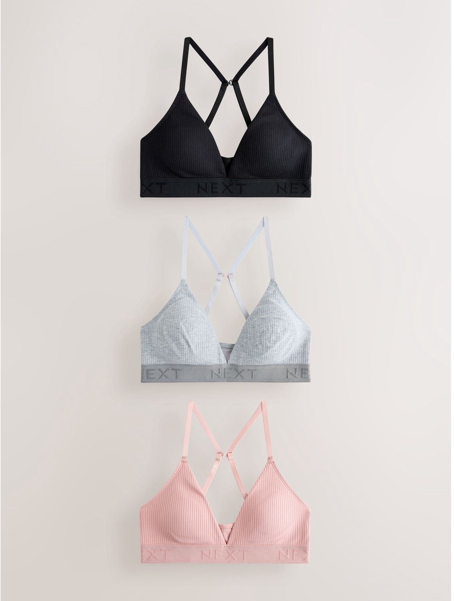 Next Dames - Katoenen geribbelde bralettes met logo, zonder vulling, zonder beugels, set van 3 - Zwart Black/Grey/Pink