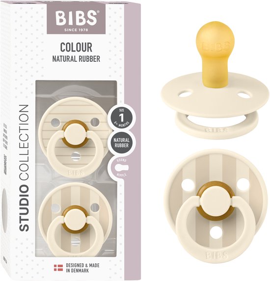 Verpakking van twee BIBS spenen, 'Studio Collection', Pin Ivory Vanilla Mix. Maat 1, ronde speen, natuurlijk rubber.