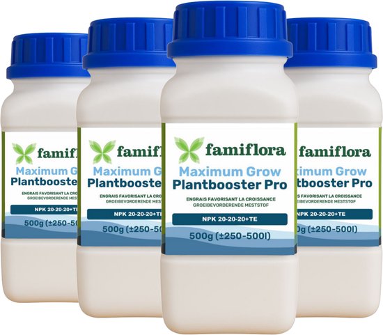 Famiflora Plantbooster Pro 2KG (4x 500GR) 20-20-20+TE - Meststof voor binnen- en buitenplanten - Samenstelling voor groeibevordering - Voor gebruik in hydrocultuur- en aeroponicsystemen