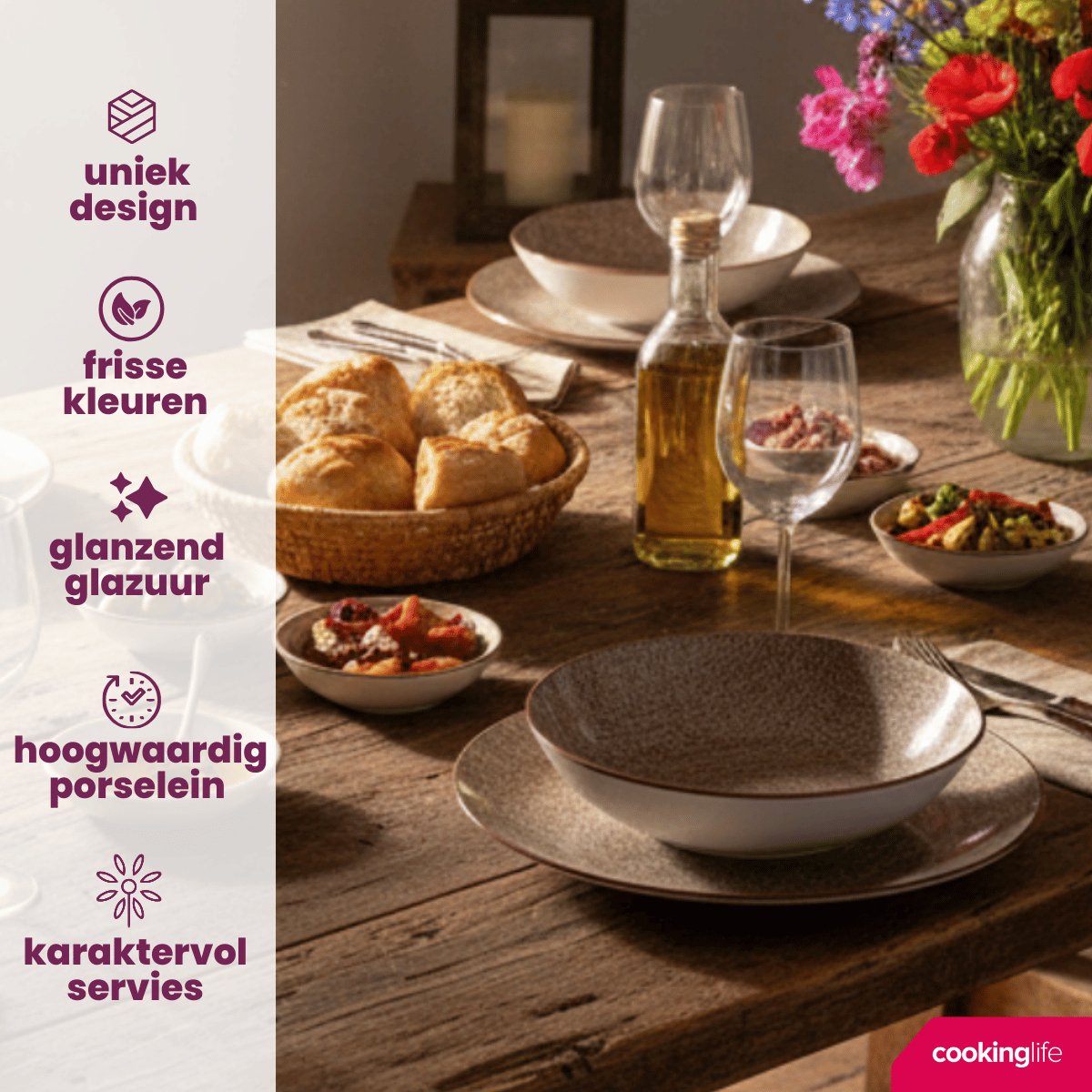 Cookinglife Serviesset Tela Bruin 12-delig - Servies Set 4 Personen - Modern Design Porselein - Vaatwasser- & Magnetronbestendig — afbeelding 4