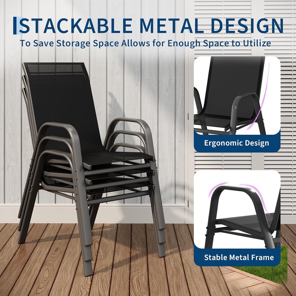 Tuinstoelen Set van 4 - Stapelbaar - Textileen & Metaal - Weerbestendig en Roestvrij - Luxe Buitenstoelen voor Tuin, Balkon & Terras - Zwart – foto 2