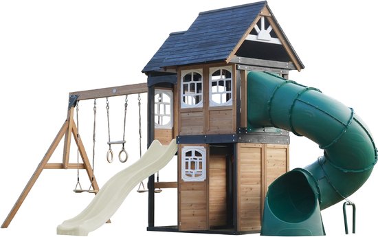 Équipement de Jeu AXI Noud avec Maison de Jeu, Balançoires, Trapèze, Mur d'Escalade – Met Bank – Toboggan Crème – Met Toboggan Tubulaire - Bois FSC 100% – Équipement de Jeu pour le Jardin / Extérieur