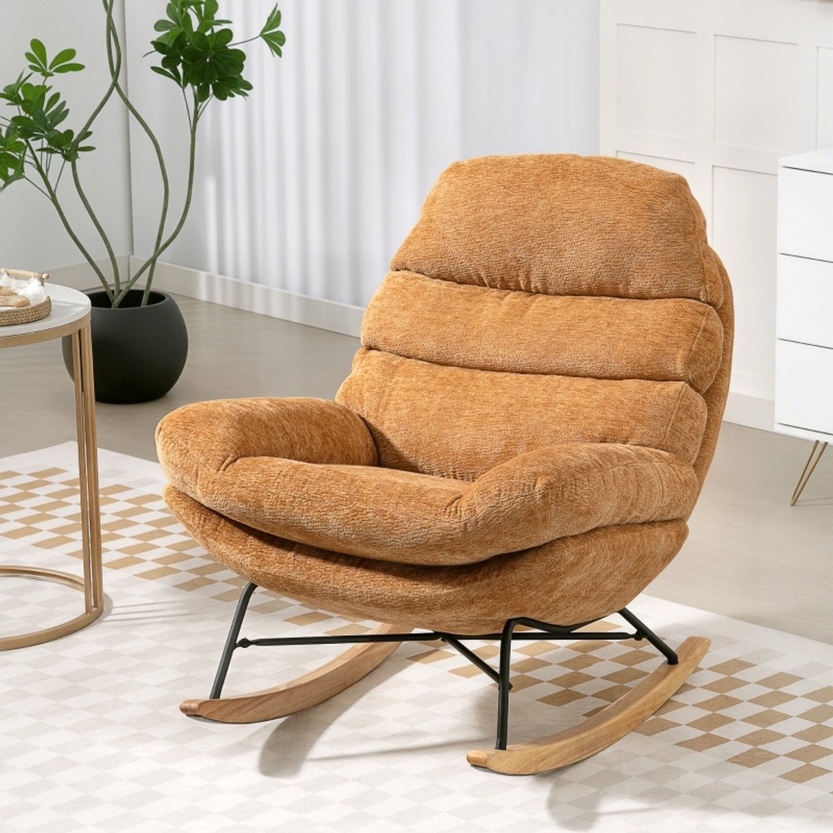 REDOM - Schommelstoel - Dikke Vulling - Gebogen Onderstel - Modern - Polyester - Geel - 80 x 103 x 91 cm