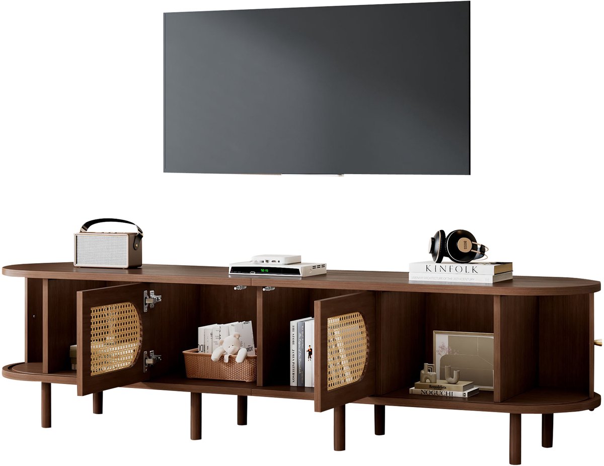 Wishdor Tv-Meubel - Met Rotan Fronten En Veel Opbergruimte - Retro - Voor De Woonkamer - MDF - Donker Walnoot - 180 X 40 X 40 Cm Donkere eik