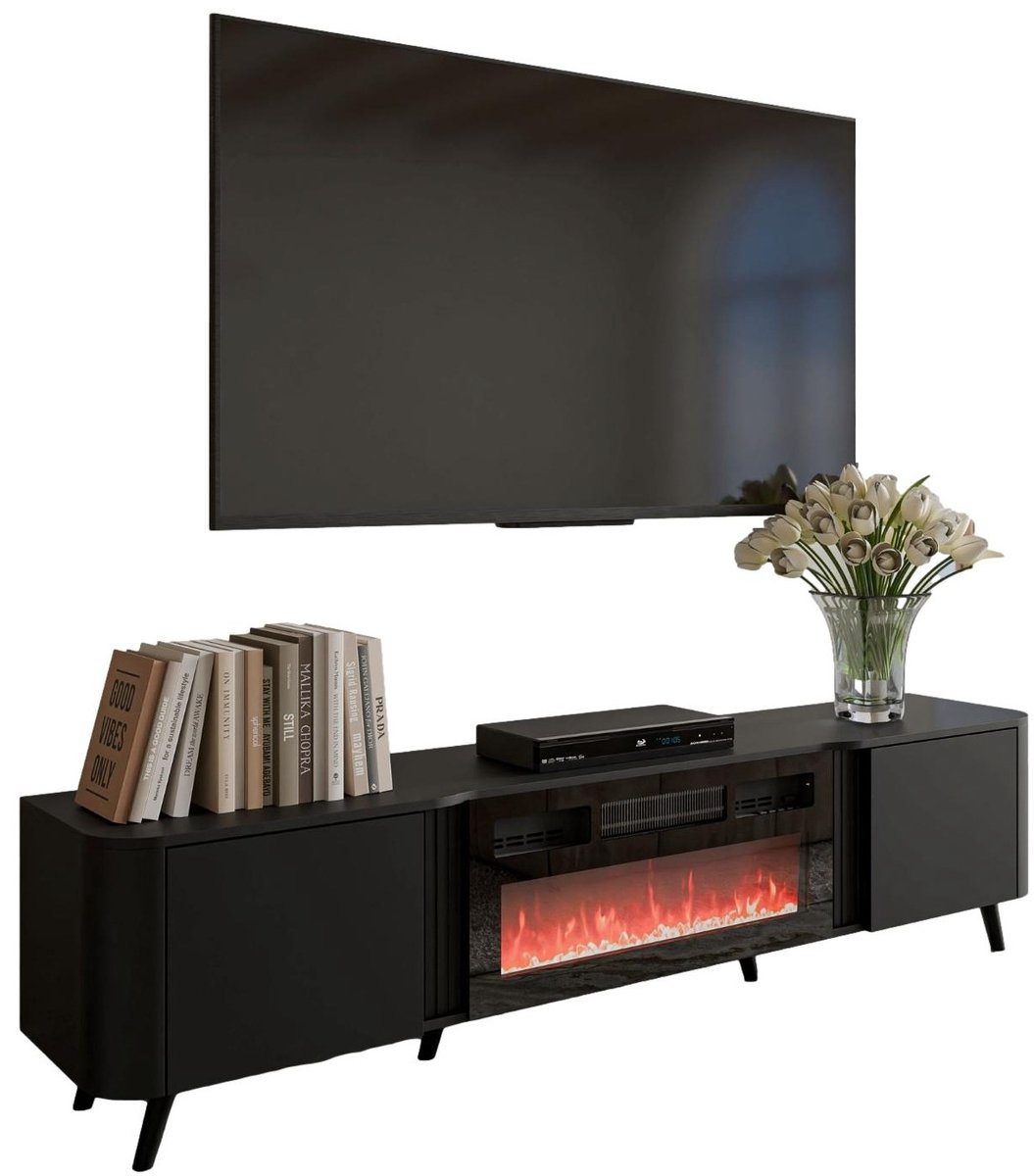 Tv-meubel Curve 200 cm breed zwart met sfeerhaard