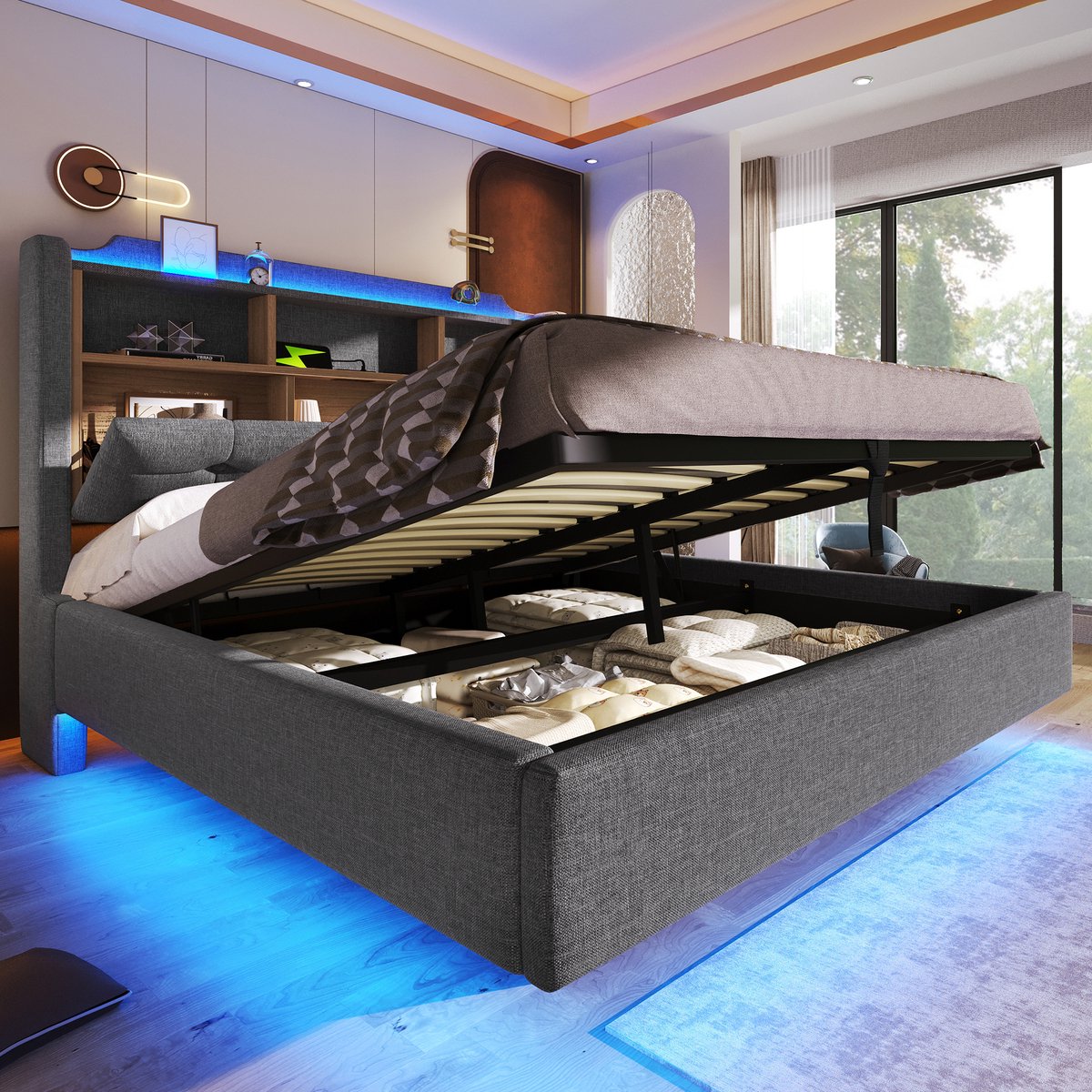 Wishdor Gestoffeerd bed met LED en hydraulische opbergruimte – 140 x 200 cm – Zwevend ontwerp – Linnen – Grijs – Met USB en USB-C – Modern