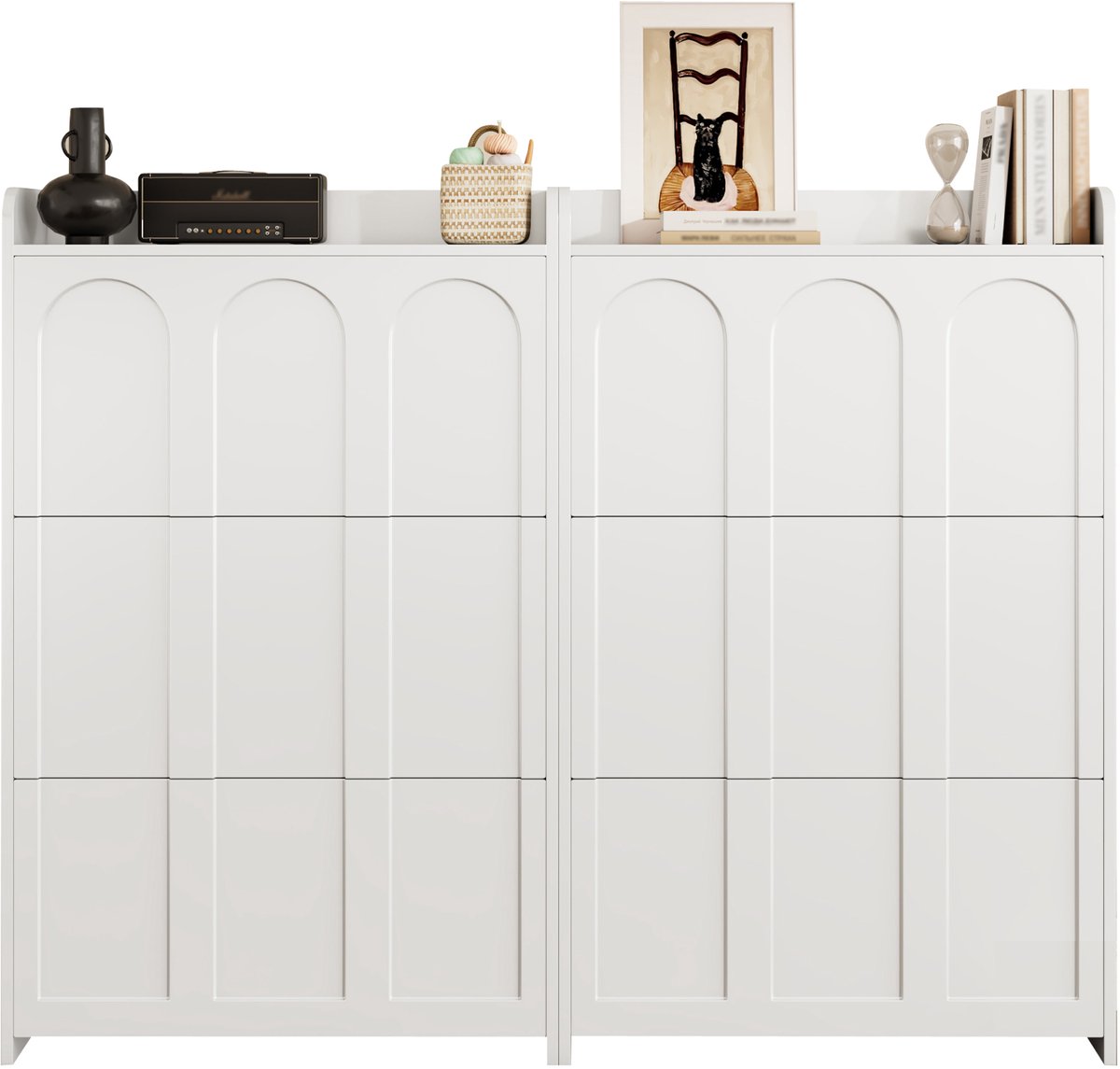 Wishdor - Schoenenkast - 6 Klepvakken En Lade - Scandinavisch - Voor Hal - MDF - Wit - 140 X 25 X 120 Cm