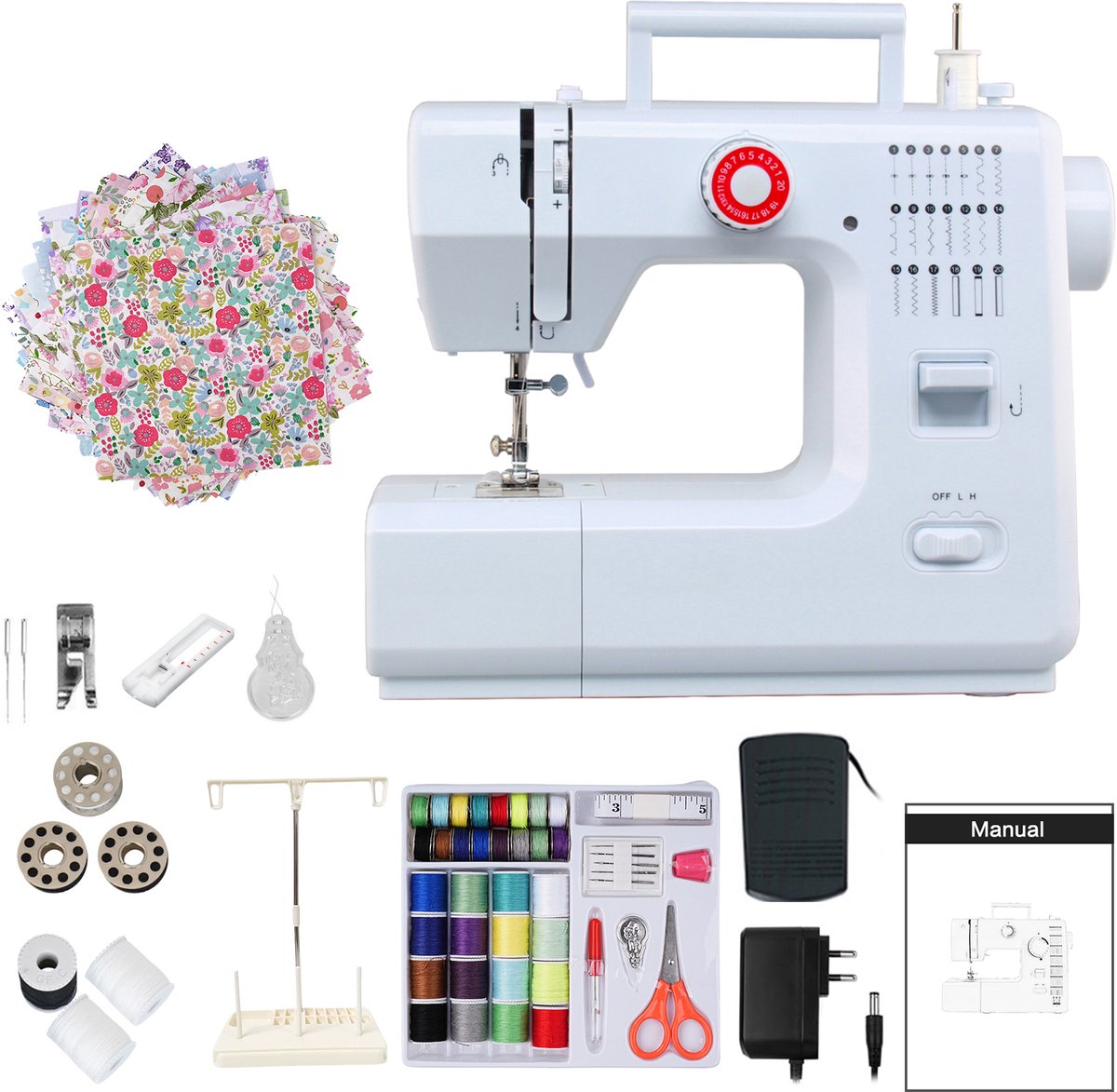Creatorally Elektrische Naaimachine - 20 steektypen - met 42-delige naaipakket + 25 stuks patchwork + Thread Holder - Naaiset - Sewing Machine Beginners Set - Electronische dubbeldraads naaimachine Huishoudelijk - wit
