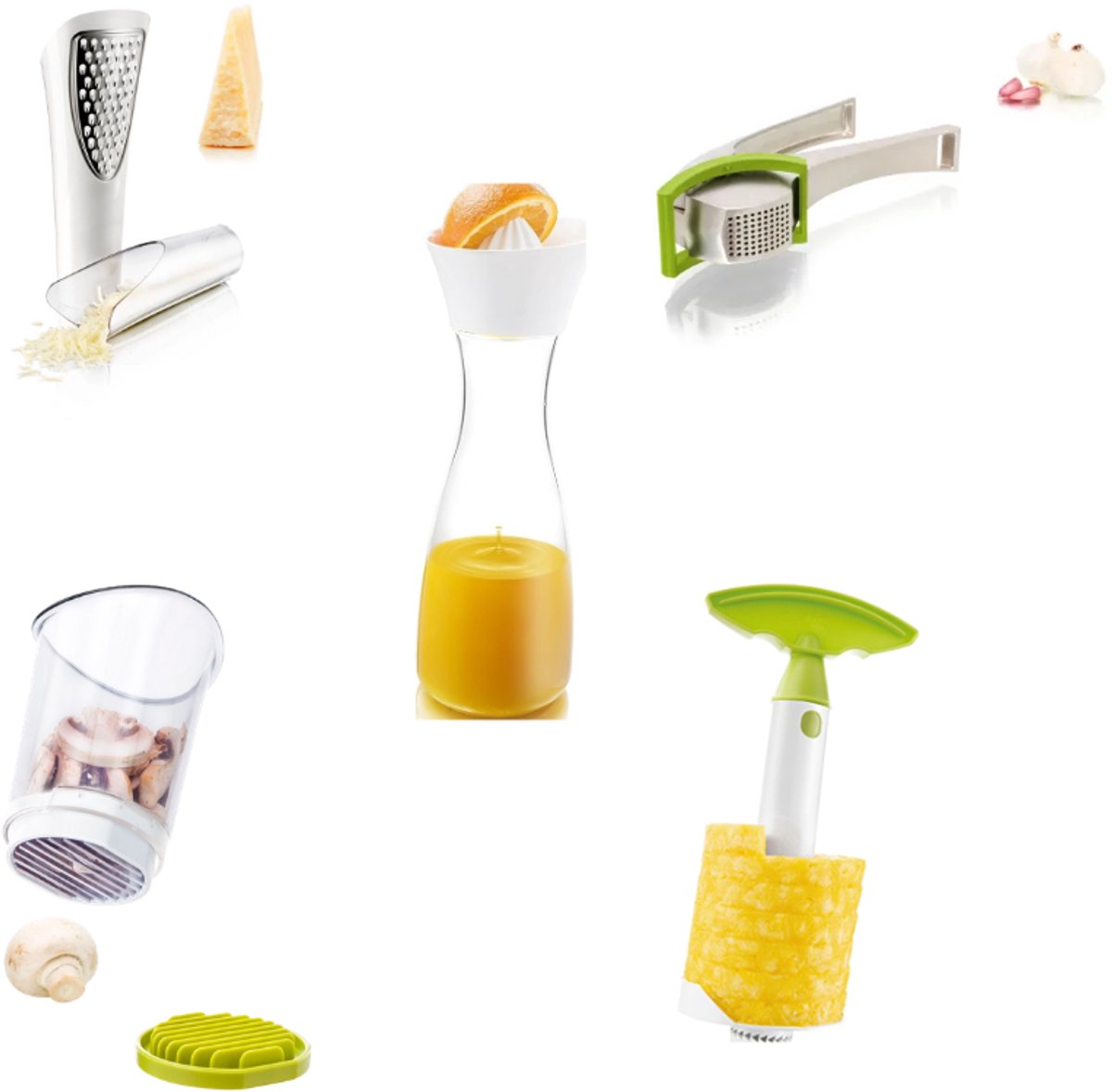 Tomorrow's Kitchen Fruit Set – 5-Delige Keukenset – Kaasrasp – Knoflookpers – Groente- en Fruitsnijder – Citrus Carafe Juicer & Squeezer