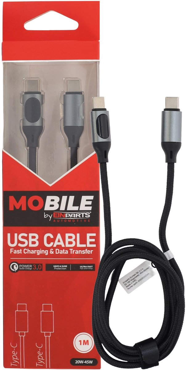 Einparts Usb-C Naar Usb-C Kabel 1M 45W Pd Qc 3.0 Met Lcd-Display