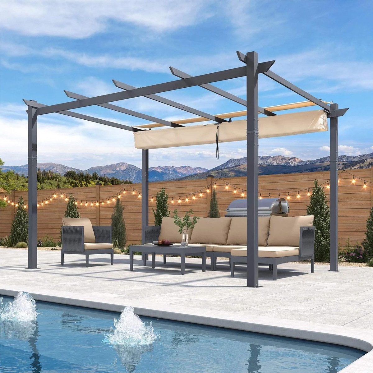 Purple Leaf Pergola avec toit de protection 4 x 3 m - structure anthracite, toile beige