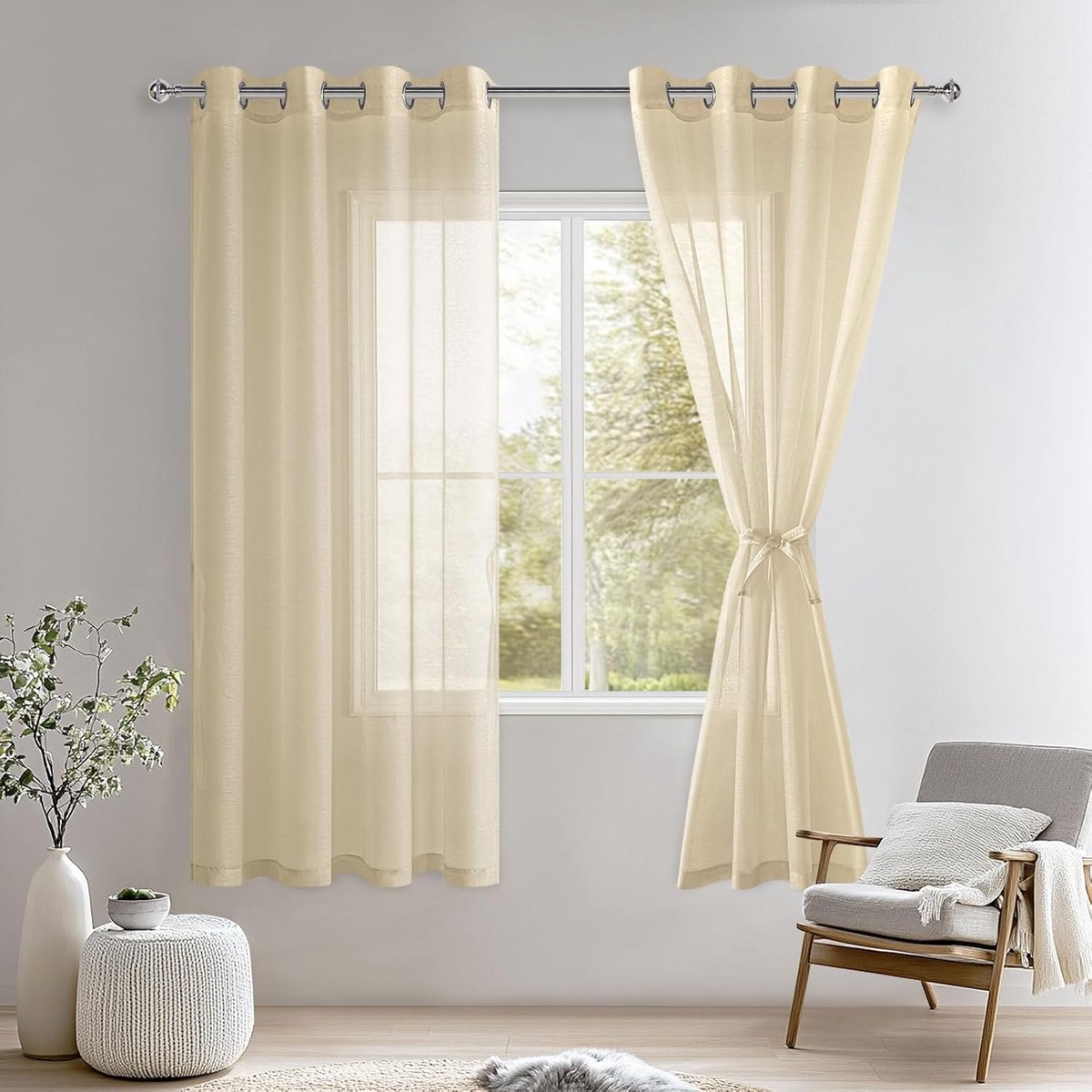 Vitrage Gordijnen - Transparante Panelen - Woonkamer Decoratie - Linnenlook Stof - 175 x 140 cm - Wit