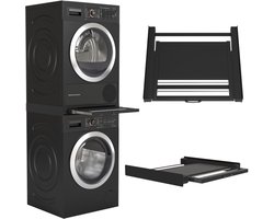 Wasophoogte® Tussenstuk wasmachine droger - Stapelkit wasmachine droger - Tussenkader met droogrek en plateau - Geschikt voor elk type - Zwart