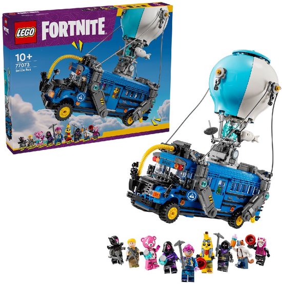 Set de construction LEGO Fortnite Battle Bus avec neuf figurines, dont un ours rose et une figurine banane.