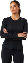 Model draagt een zwarte longsleeve top en zwarte legging, met armen gekruist.