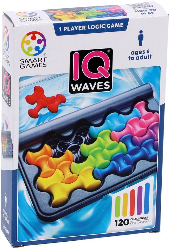 Doos van het IQ Waves spel met de gekleurde puzzelstukken en een rode stuk.