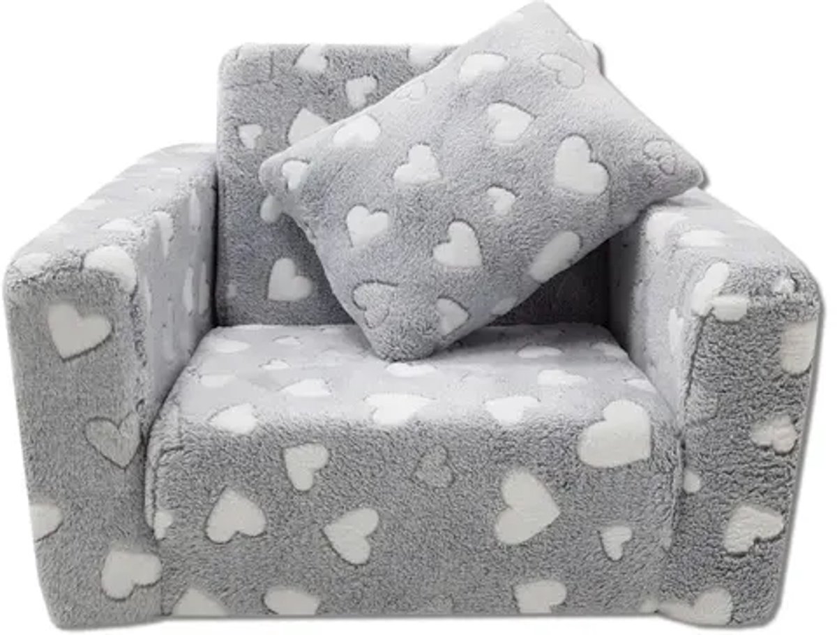 Kindvriendelijke opvouwbare pluchen kinderstoel met zitting en ligfunctie – comfortabel kids relaxfauteuil, grijze harten