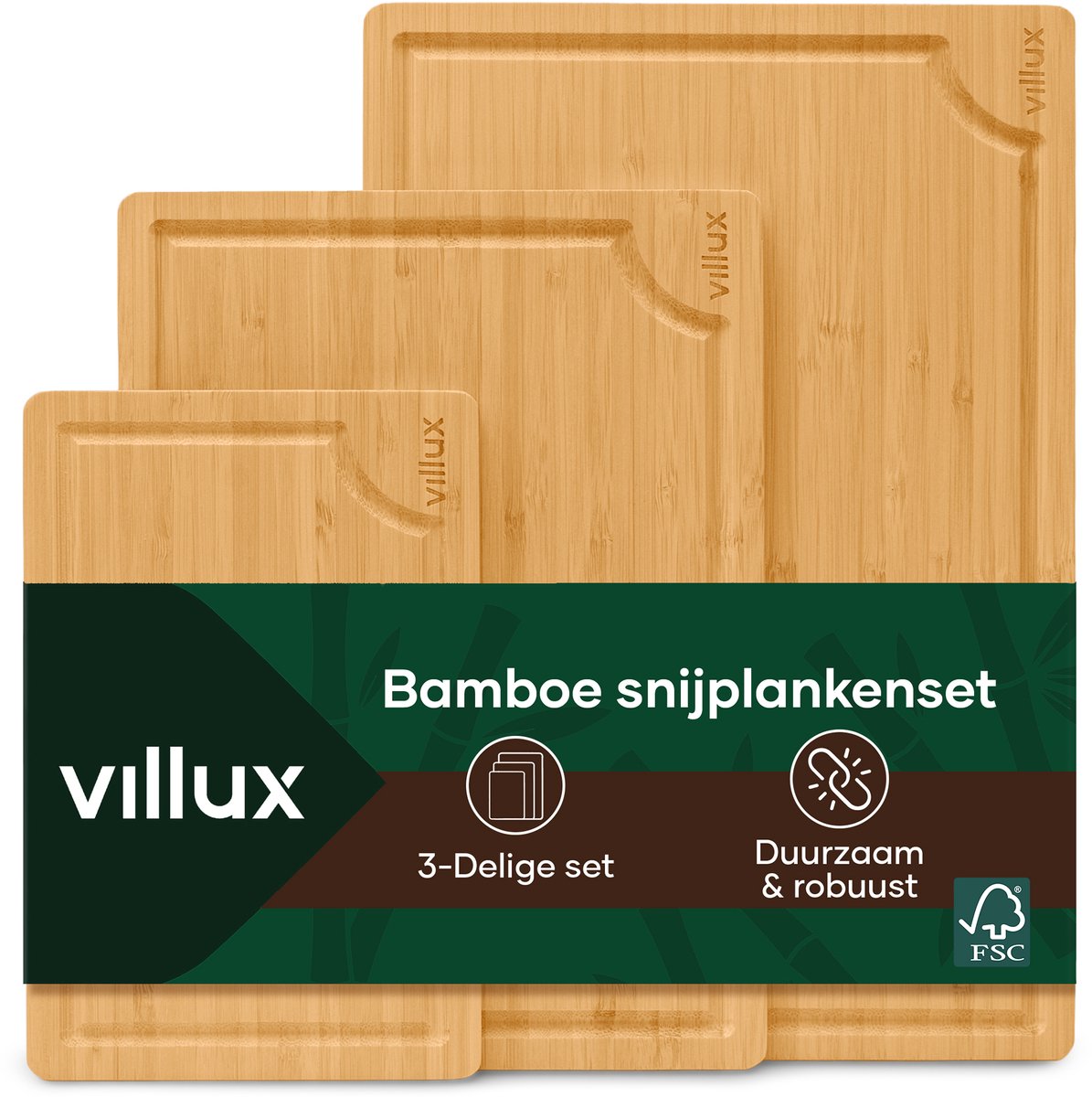 Villux Snijplank - Snijplankenset Met Houder - Snijplank Hout - Snijplanken - Snijplank Bamboe - Houten Snijplank - Snijplankenset - Tapasplank - Borrelplank - Serveerplank - Hapjesplank - Inclusief eBook - 3 Stuks - Bamboe
