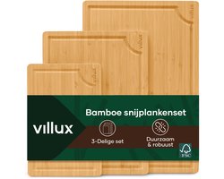 Villux Snijplank - Snijplankenset - Snijplank Hout - Snijplanken - Snijplank Bamboe - Houten Snijplank - Tapasplank - Borrelplank - Serveerplank - Hapjesplank - Inclusief eBook - 3 Stuks - Bamboe