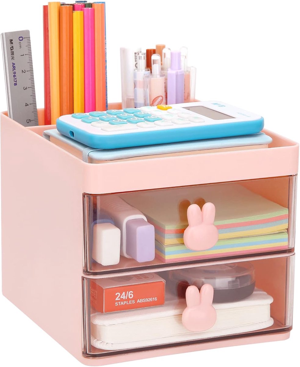 Bureau Organizer - Opbergbox Bureau - Kantoor School - Met Lade - 15 x 13 x 11.5 cm - Roze
