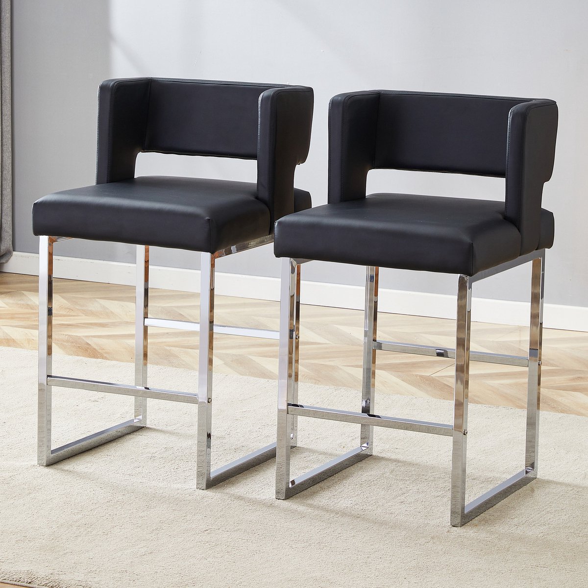 REDOM Barkruk - Gestoffeerde Vierkante Zitting - Scandinavisch Ontwerp - Metaal En PU-Leer - Zwart En Zilver - 91,4 Cm Zwart + Zilver