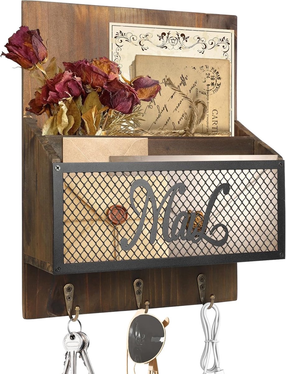 Wand Sleutelhanger - Postbak Hout - Entree Organiseren - Met Brievenbus - 26x20x6cm - Hout