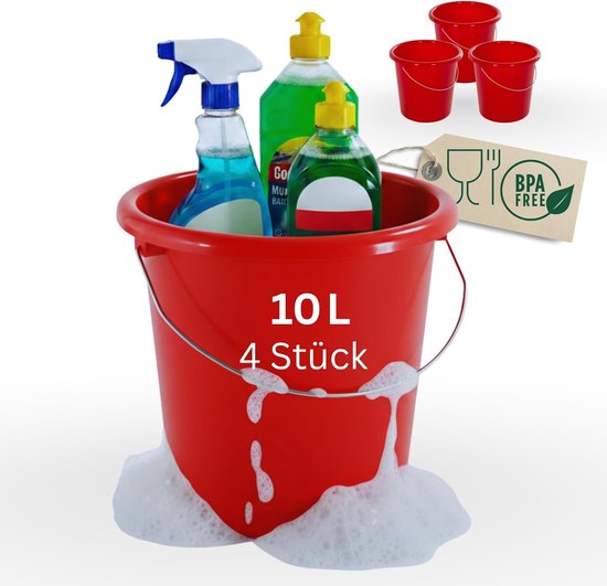 Emmer 10L - Poetsemmer Huishoudemmer - Schoonmaken Tuinieren - Praktische maatverdeling - 28.5 cm diameter - Rood