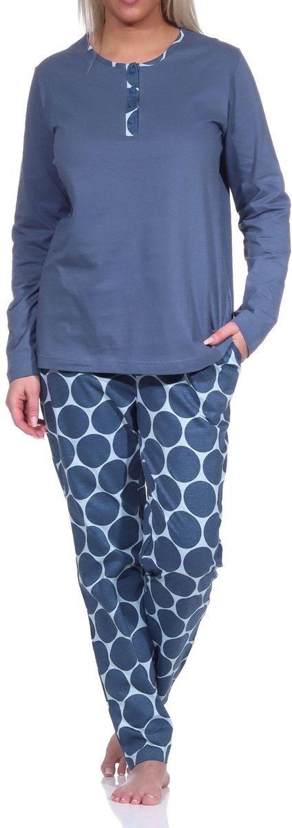 Normann Elegante dames pyjama lange mouw met pyjamabroek in stippen / dots look marine